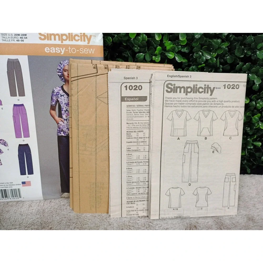 Simplicity 1020 BB Sewing‎ Pattern Medical Scrubs Top Pants Hat Size 20W-28W